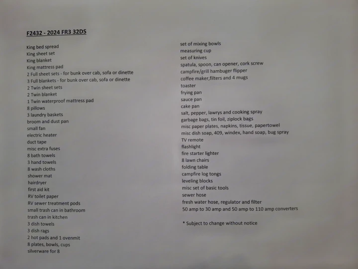 This rv rental checklist details bedding, kitchenware, cleaning, and outdoor gear provided for the 2024 FR3 32DS.. FR3 32DS 2024