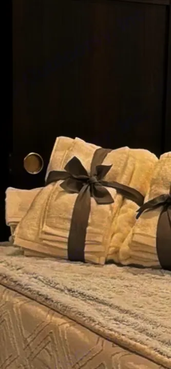 Fresh, neatly folded towels with grey ribbons, ready for your comfortable RV rental stay.. Jayco Pinnacle 2023