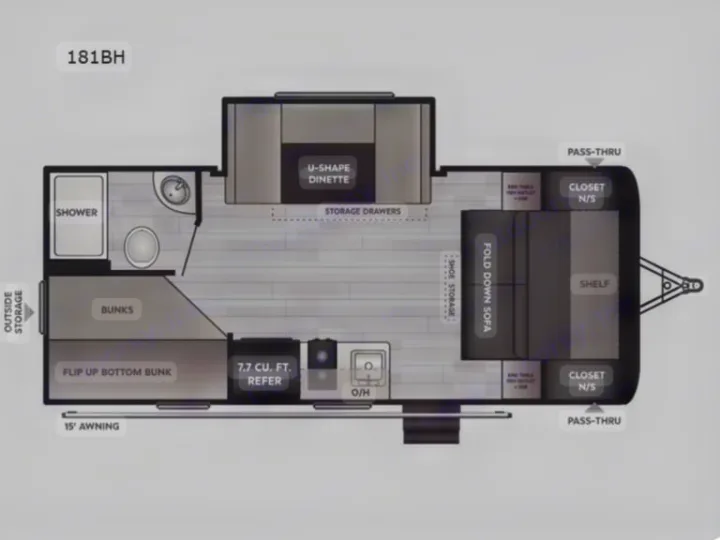 Floor plan of an 181BH RV rental, featuring bunks, a U-shaped dinette, kitchen, bath, and a fold-down sofa layout.. Keystone RV Hideout Sport 2024