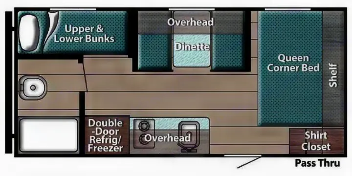 RV rental floor plan: Top-down view of a travel trailer with queen bed, bunks, dinette, kitchen, and bathroom.. Gulf Stream 199DD 2022