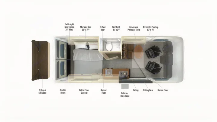 Detailed rv rental floor plan, seen from above, showcasing a Murphy bed, wet bath, kitchen, and convertible seating.. Winnebago Solis 2026