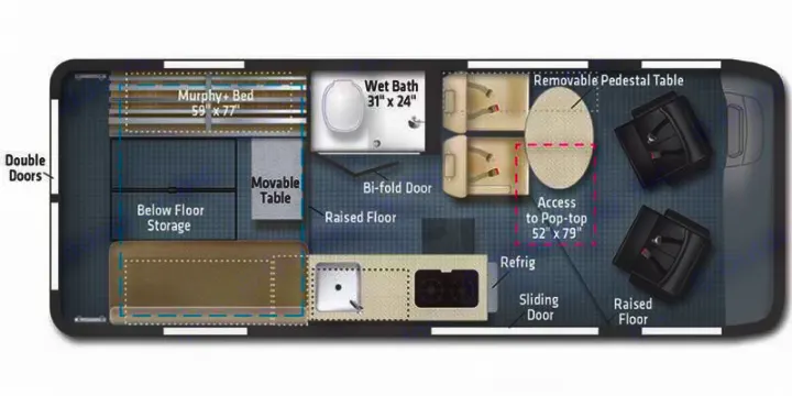 This RV rental floor plan details a compact interior with a Murphy bed, wet bath, kitchen, seating, and pop-top access.. Winnebago Solis 2026