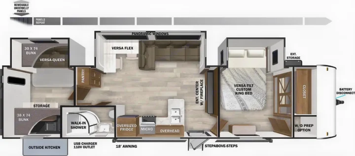 Detailed rv rental floor plan: king bed, bunks, kitchen, walk-in shower, panoramic windows, outdoor kitchen, and storage.. Forest River Wildwood 2025