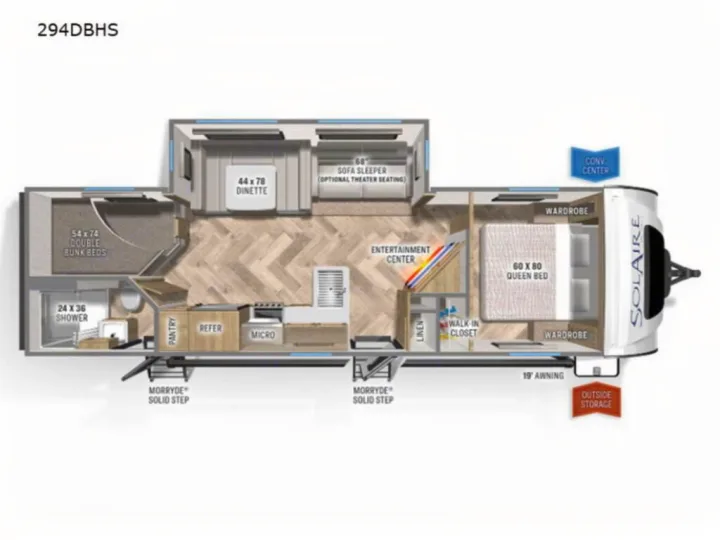 This 294DBHS RV rental floor plan details bunk beds, queen bed, kitchen, dinette, and bathroom areas, showcasing the interior layout.. Palomino Other 2022