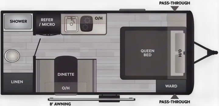 RV rental floor plan: compact layout features queen bed, dinette, kitchenette, shower, and toilet for comfortable travel.. Keystone RV Coleman 2025