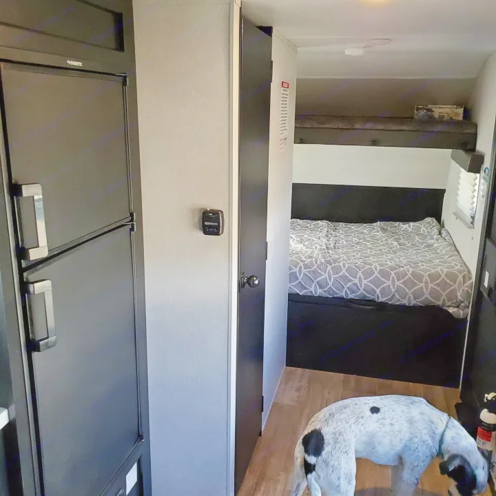 Inside this RV rental: a Dometic fridge, comfy bedroom with bunk beds, and a spotted dog on the wood floor.. Forest River Cherokee Wolf Pup 2020