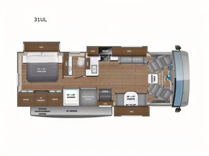 Detailed 31UL RV rental floor plan shows the interior layout, including king bed, bath, kitchen, dinette, and cockpit areas.. Jayco Precept 2021