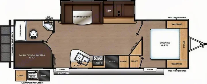 RV rental floor plan featuring a queen bed, double bunks, U-dinette, full kitchen, bath, and cargo rack. Ideal for families.. Coachmen catalina 2022