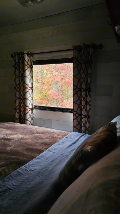 Cozy RV rental bedroom with a window view of vibrant autumn trees. Features a soft bed, patterned curtains, and paneled wood walls.. Forest River Coachmen Pursuit 2014