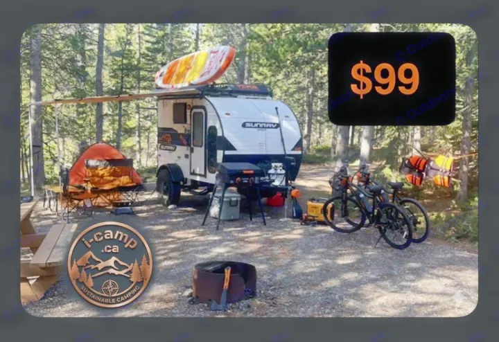Sustainable camping RV rental! Sunray teardrop, tent, bikes, paddleboard, grill for adventure in a forest campsite. $99. i-camp.ca.. Sunset Park RV SunRay 2025