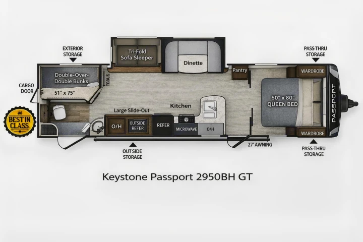 Travel trailer floor plan for a Keystone Passport 2950BH GT, perfect for an rv rental. Shows bunk beds, queen bed, kitchen & living space.. Keystone RV Passport GT 2021