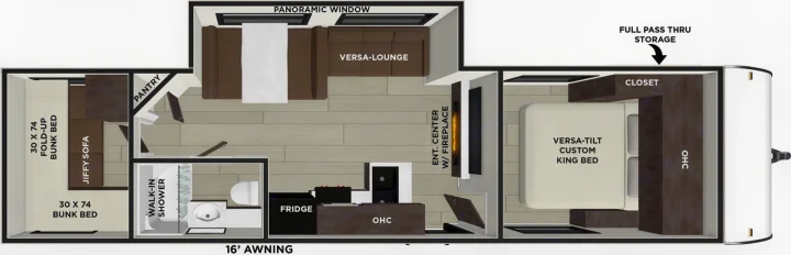 Explore this RV rental's detailed floor plan: king bed, bunks, Versa-Lounge, kitchen, walk-in shower, and storage.. Forest River Wildwood X-Lite 273QBXL 2026
