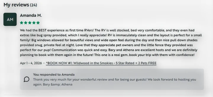 Screenshot of a 5-star rv rental review by Amanda M., praising the clean RV, amenities, and excellent hosts Bary & Athena.. Forest River Wildwood Platinum 2024