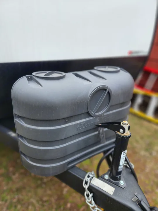 RV rental's front hitch with dual propane tank cover (Flame King) and trailer jack for safe towing.. Forest River Cherokee Wolf Pup 2024