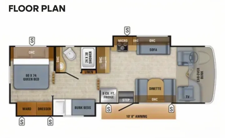 This RV rental floor plan showcases a queen bed, bunk beds, kitchen, bath, dinette, sofa, and cab-over bunk for spacious travel.. Jayco Redhawk 2019