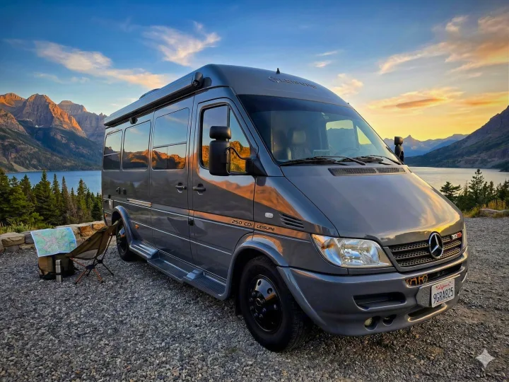 This gray Mercedes Sprinter RV rental offers stunning mountain and lake views at sunset, perfect for your next outdoor adventure.. Leisure Travel Vans Leisure Travel Vans Class B 2005
