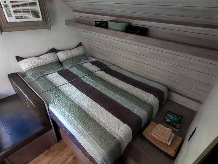 A compact RV rental bedroom featuring a striped bed, mounted AC unit, storage shelf with bins, and a nightstand with a guide book.. Dutchmen Coleman Lantern LT 2023