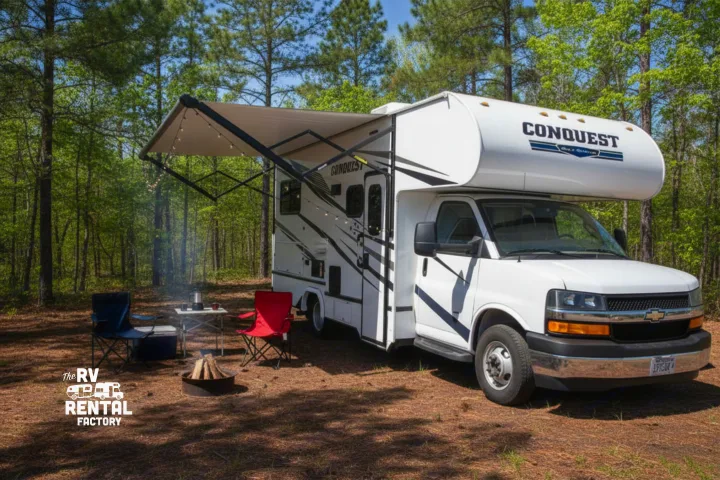 Experience nature with this RV rental. A white Conquest motorhome with awning, campfire, and chairs at a wooded campsite.. Gulf Stream Conquest 2024