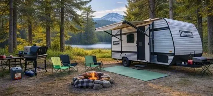 Experience this **RV rental** campsite: a travel trailer, crackling campfire, grill, and chairs by a serene lake with mountains & pines.. Keystone RV Coleman 2026