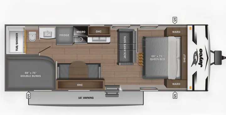 This Jayco RV rental floor plan details a travel trailer with a queen bed, double bunks, jack-knife sofa, kitchen, full bath, and awning.. Jayco Jay Flight SLX 2024