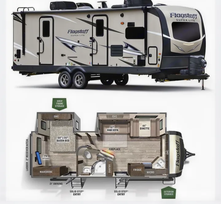Flagstaff Super Lite travel trailer, ideal for rv rental. Top shows exterior; bottom details floor plan with queen bed, dinette, sofa.. Forest River Flagstaff Super Lite 2021