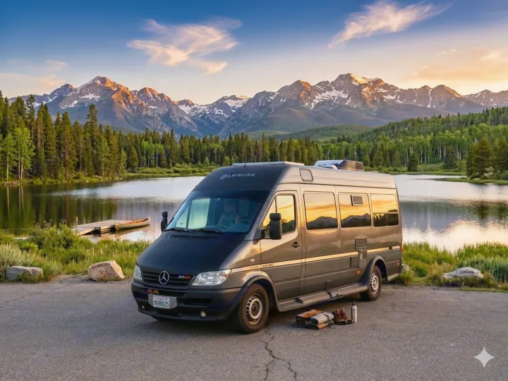 This camper van rv rental is parked beside a tranquil mountain lake, with golden hour light on peaks & forests. Ready for adventure!. Leisure Travel Vans Leisure Travel Vans Class B 2005