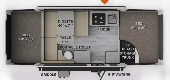 This RV rental pop-up camper floor plan shows two beds (48"x80", 60"x80"), a dinette, kitchen, and portable toilet.. Forest River Flagstaff 2020