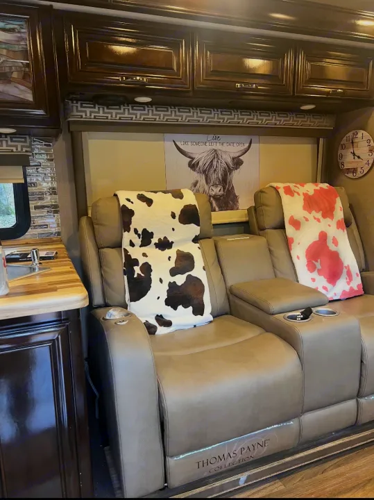 RV rental interior: comfy tan recliners with cow print blankets & Highland cow art, a cozy, country-themed living area.. Thor Quantum 2017