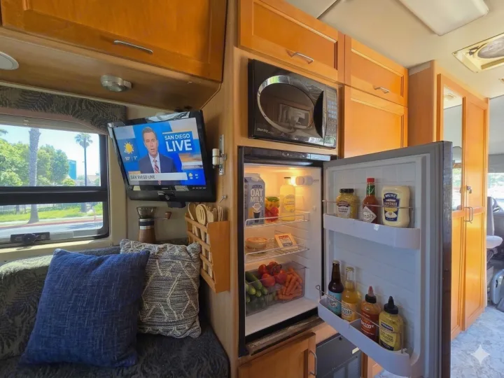 A modern rv rental interior showcasing a compact kitchen with a stocked fridge, microwave, cozy seating, & TV for travel.. Leisure Travel Vans Leisure Travel Vans Class B 2005