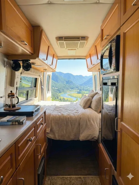 Cozy RV rental interior featuring a bed, kitchen area, and stunning mountain & river views through the open back. Ideal for travel.. Leisure Travel Vans Leisure Travel Vans Class B 2005