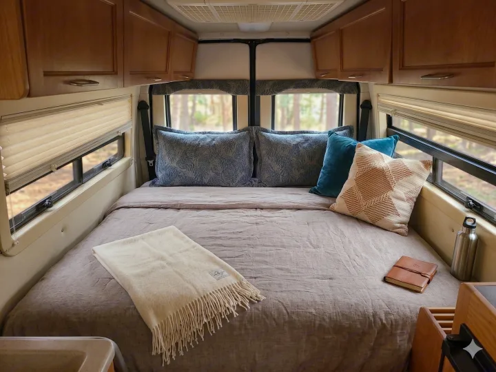 Cozy RV rental bed setup with soft pillows, blanket, water bottle & journal, surrounded by wood cabinets & windows.. Leisure Travel Vans Leisure Travel Vans Class B 2005