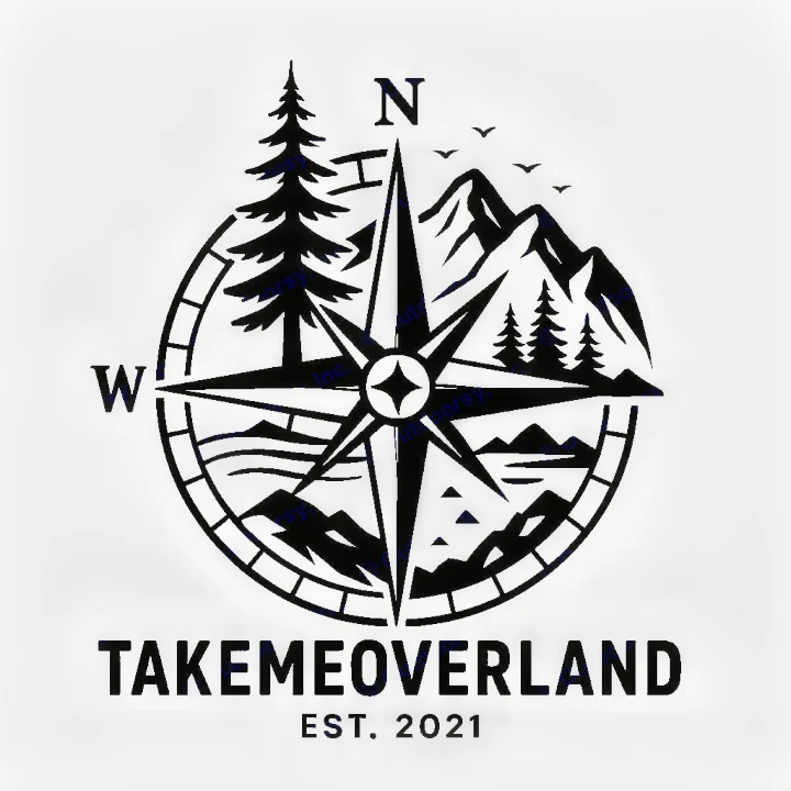 "Take Me Overland" logo: black & white compass with mountains, trees, water. Ideal for RV rental adventures.. Toyota 4runner 2006