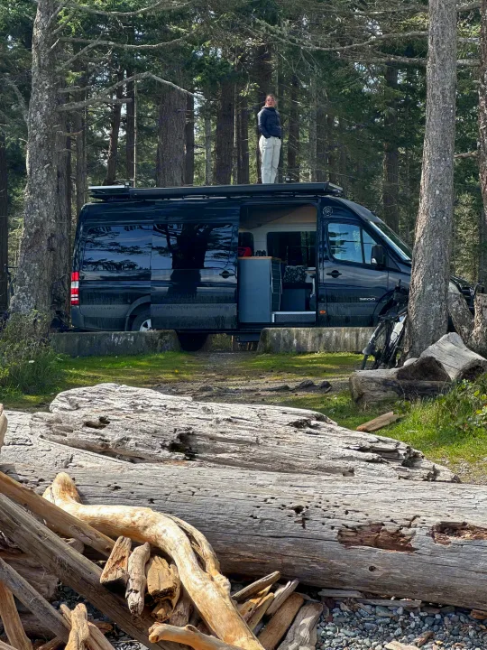 Adventurous rv rental parked in a lush forest campsite. A person stands on the van's roof, with driftwood in the foreground.. Mercedes Sprinter 2007