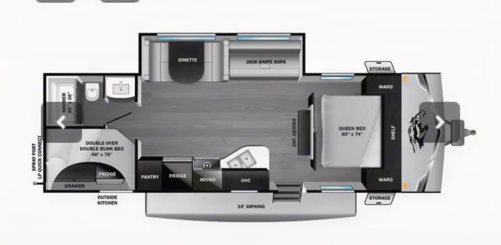 RV rental floor plan: Queen bed, bunk beds, kitchen, bath, dinette, sofa, and outside kitchen shown for spacious living.. Highland Ridge RV Colt 2026