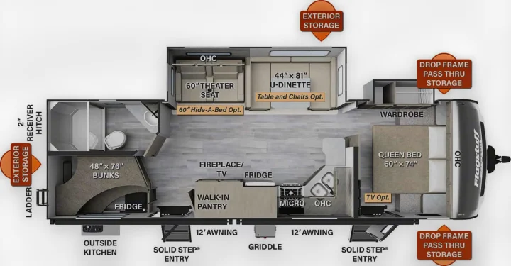 RV rental floor plan showing a queen bed, bunk beds, kitchen, bath, dinette, and theater seats.. Forest River Flagstaff Super Lite 2022