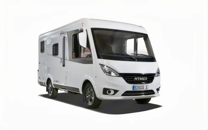 Modern white Hymer Exsis I RV, shown from the front-left, an excellent choice for an rv rental adventure.. HYMER EXISIS I 474 2025