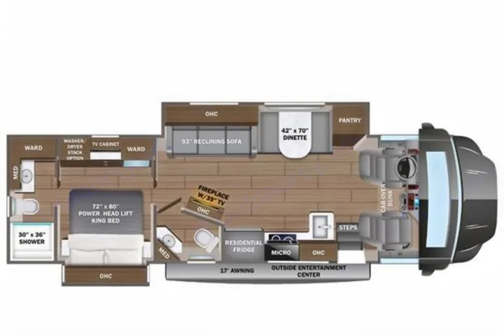 This RV rental floor plan shows a spacious motorhome with a king bed, sofa, dinette, kitchen, two baths, & fireplace for a luxurious experience.. Jayco Seneca 2020