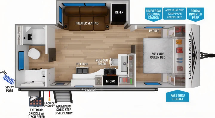 Detailed rv rental floor plan of a Grand Design trailer with theater seating, queen bed, full kitchen, bath, and outdoor features.. Grand Design Transcend Xplor 2026
