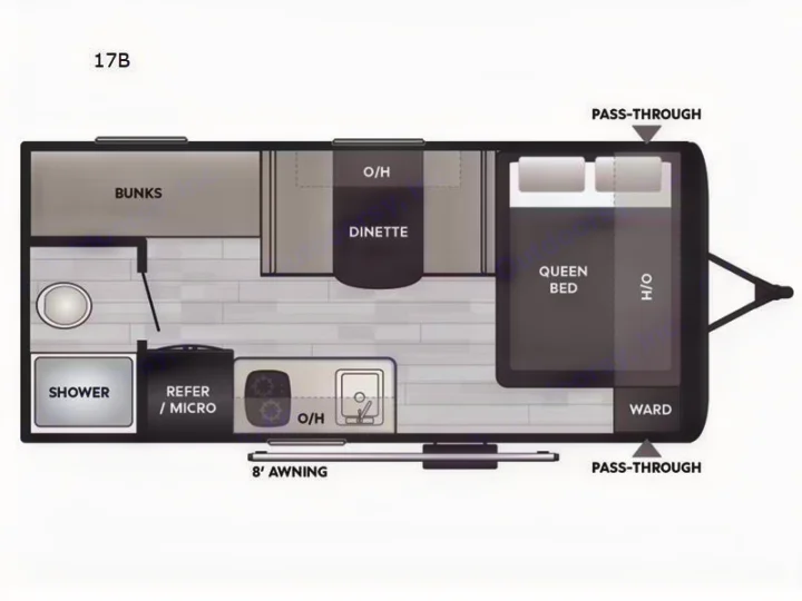 This rv rental's 17B floor plan shows a queen bed, bunks, dinette, kitchen, and shower, ideal for family trips.. Coleman Coleman 17B 2026