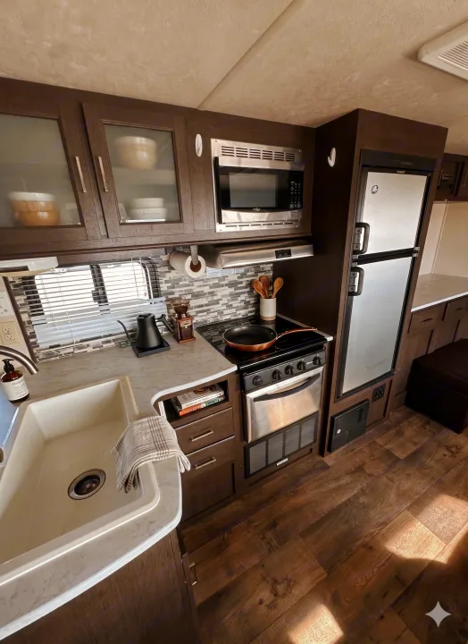This stylish RV rental kitchen features dark wood cabinets, a sink, microwave, stove, fridge, and textured backsplash for easy cooking.. Forest River Salem Cruise Lite 2019