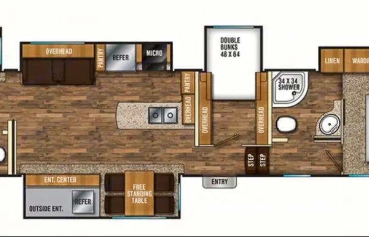 Detailed RV rental floor plan featuring a kitchen, dining area, double bunk beds, and a bathroom with a 34x34 shower.. Coachmen Chaparral 2018