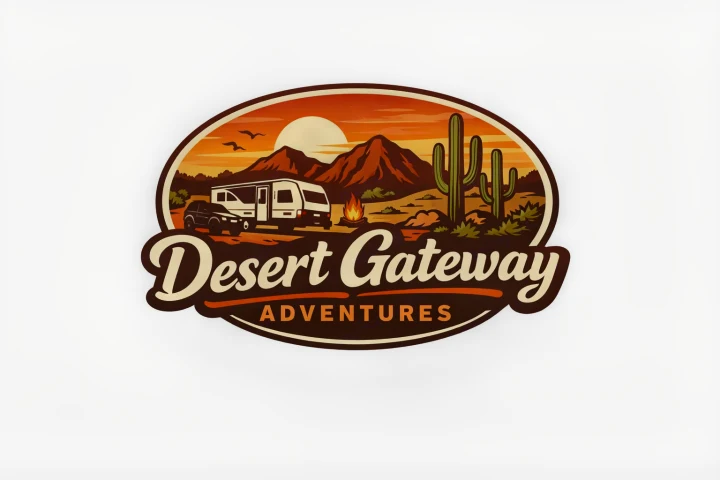 Desert Gateway Adventures logo: scenic RV rental camping in a vibrant desert landscape with mountains, cacti, and a campfire.. Coachmen 184BHS 2021