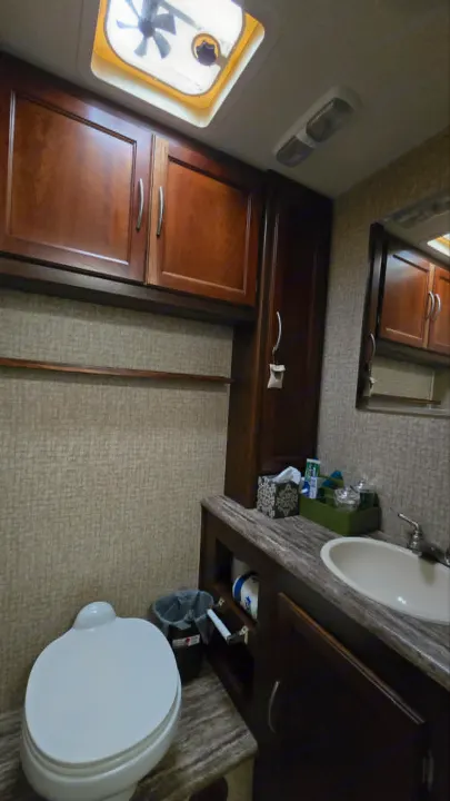 Compact RV rental bathroom showing a toilet, sink vanity with wooden cabinets, an overhead fan, and lighting.. 1F65F5DY3E0A15748 Pursuit 31 BD 2015