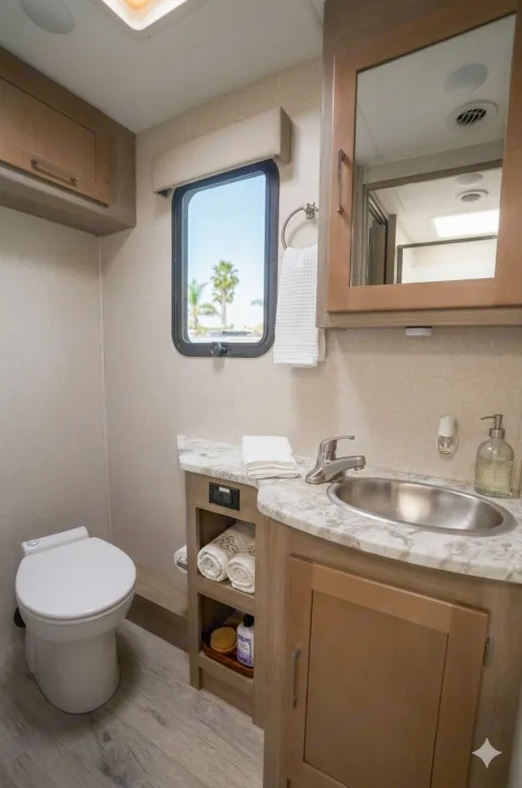 RV rental bathroom: A compact, clean space with a white toilet, sink vanity with a mirror, and a window offering outdoor views.. Coachmen Pursuit 2019