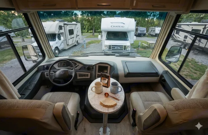 Experience a comfortable rv rental. Enjoy morning coffee from the driver's seat with a view of an RV park and other RVs.. Coachmen Pursuit 2019