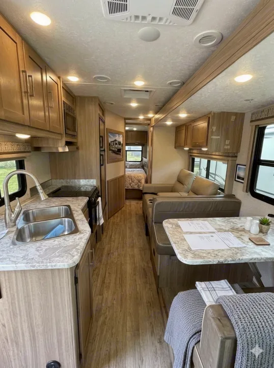 Step inside this inviting rv rental. Enjoy a bright kitchen, comfy living/dining space, and a private bedroom.. Coachmen Pursuit 2019