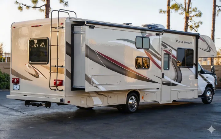 Explore in this tan Four Winds Class C RV rental with an extended slide-out, featuring a rear ladder for easy access.. Thor Motor Coach 30d 2020