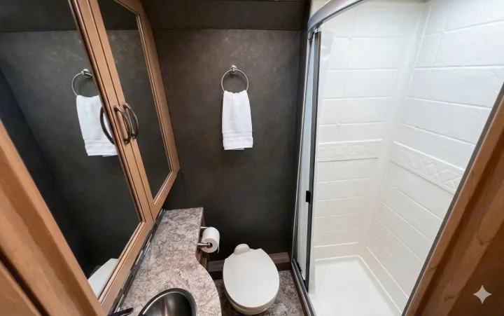 Inside an RV rental, this compact bathroom features a shower, toilet, sink, and mirrored cabinet for convenience.. Thor Motor Coach 30d 2020