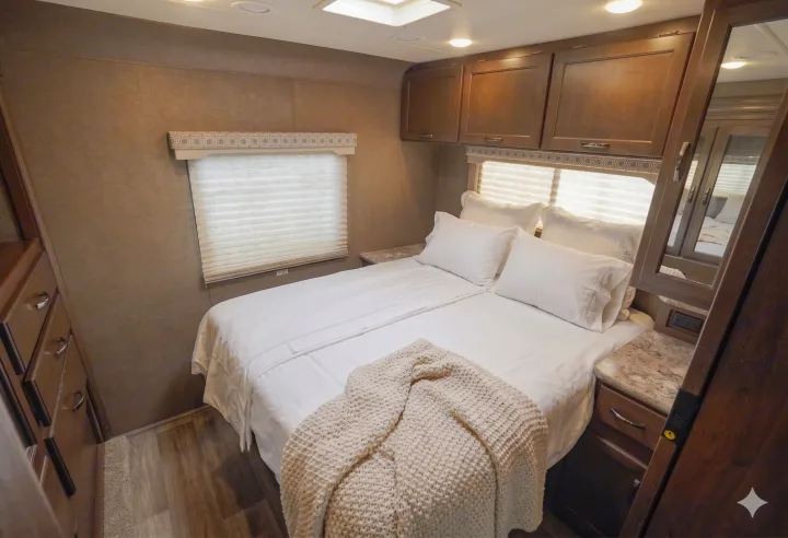 Cozy RV rental bedroom showing a bed with white linens, overhead cabinets, window blinds, and storage drawers.. Thor Motor Coach 30d 2020