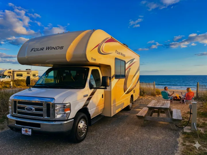 RV rental: Enjoy a perfect beach sunset! Two people relax by a campfire with wine next to their Four Winds motorhome.. Thor Motor Coach 30d 2020